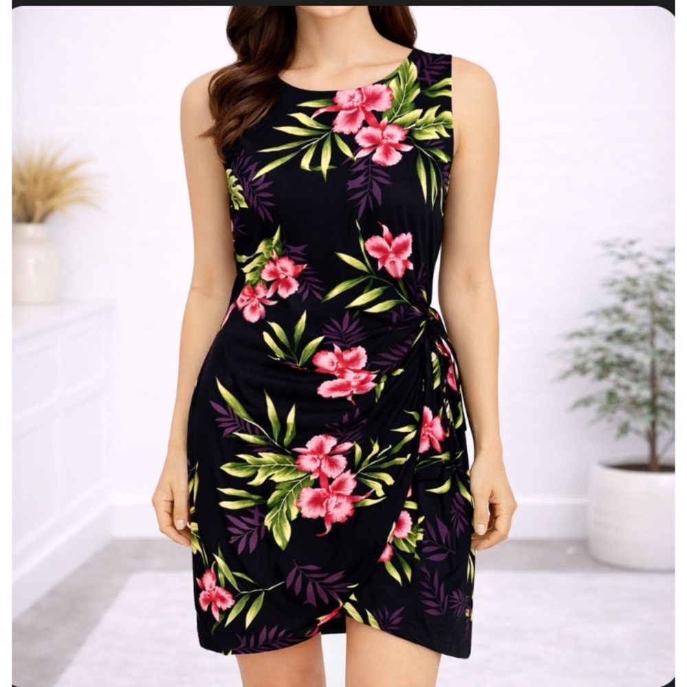 Two Palms Floral Sheath Dress Small Black Hawaiian Hibiscus Rayon Wrap Skirt VTG